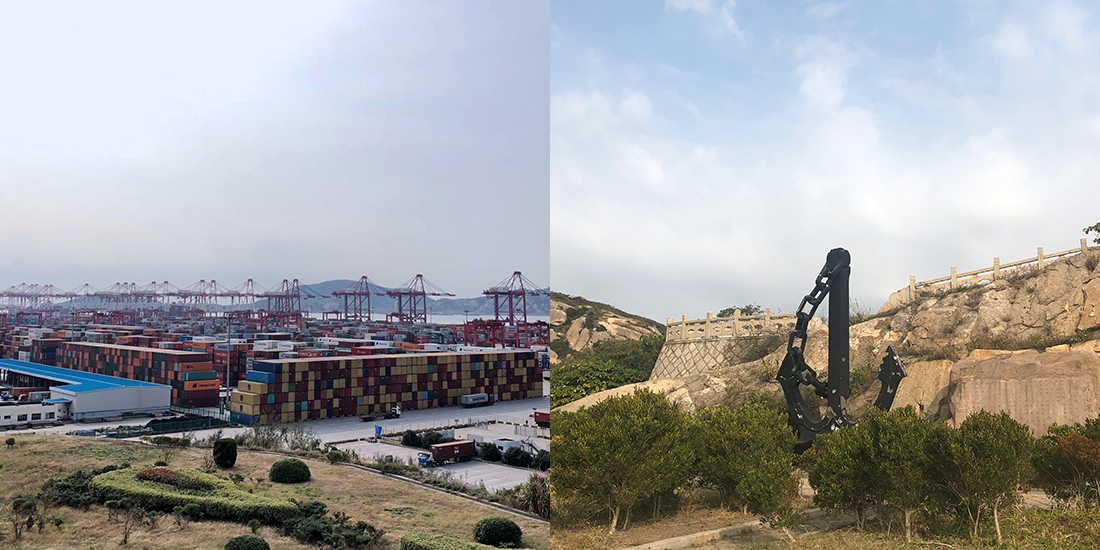 양산항 전망대에서 바라본 양산항 부두와 조형물의 모습