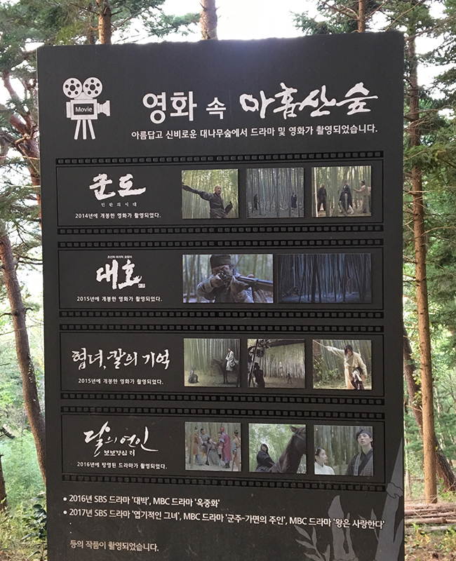 아홉산 숲에서 이루어진 영화촬영들. 각 구역마다 영화를 찍은 장소를 찾는 재미가 쏠쏠하다.