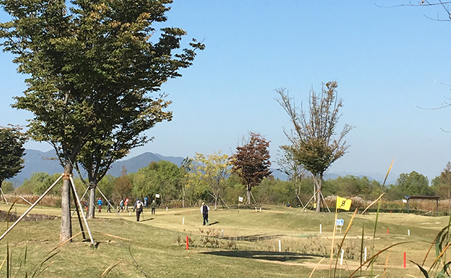 파크골프장에서 골프를 즐기는 사람들, 노년층부터 젊은층까지 다양한 사람들이 이용하고 있다.