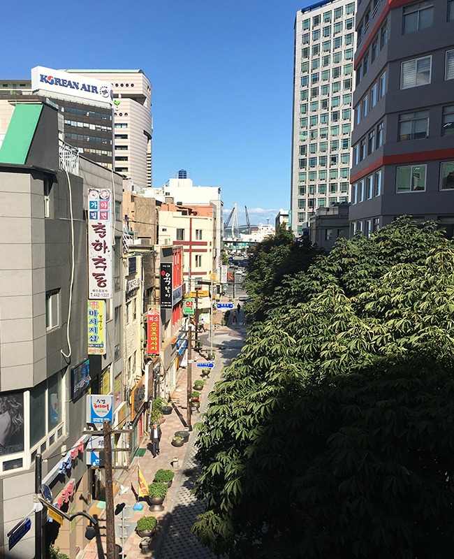 40계단문화관 통로에서 내다보이는 제1 부두: 이 제1 부두는 1966년 백마부대가 미군의 군함을 타고 베트남 전쟁에 파병된 곳이다. 이제는 미국의 원조물자선이나 군함은 사라지고 제주도로 떠나는 여객선이 멀리 보인다. 